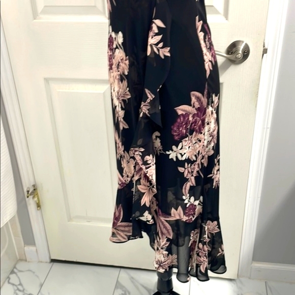 NWOT Black & Purple Floral Wrap Dress with High Low Ruffled Hem - Picture 13 of 17